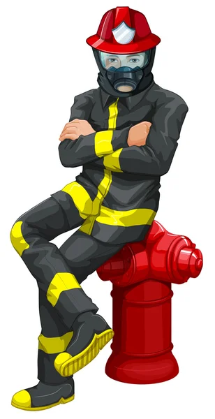 Seorang petugas pemadam kebakaran duduk di atas hidran - Stok Vektor