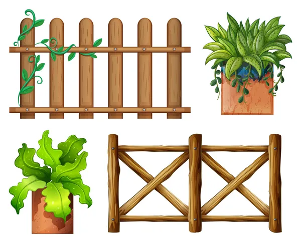 Cerca de madeira e vasos de plantas — Vetor de Stock