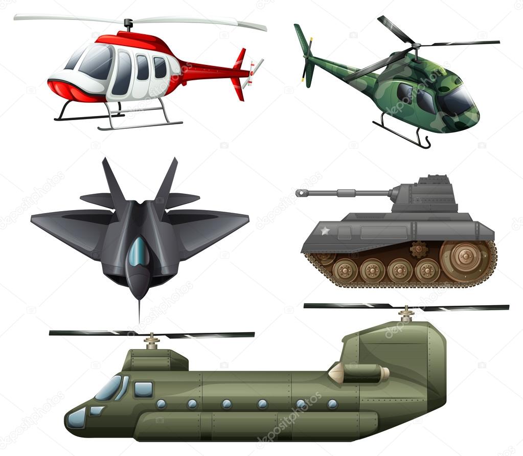 Fighting jetplane, choppers, cannon and tank
