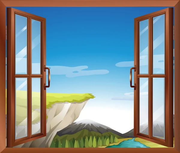 A window with a view of the cliff at the river — Stock Vector