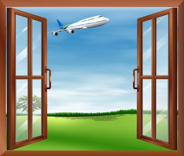 Открытое окно с видом на самолет — стоковый вектор