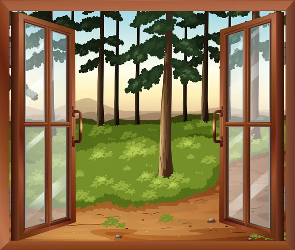 A window with a view of the trees — Stock Vector