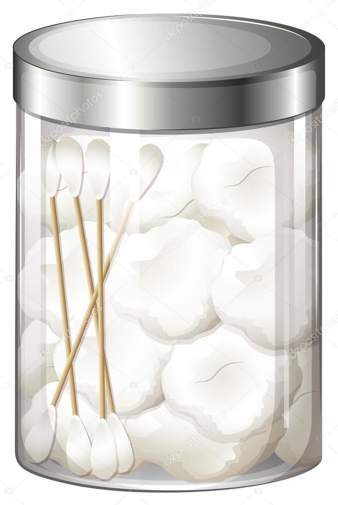 A container with cotton balls and cotton buds