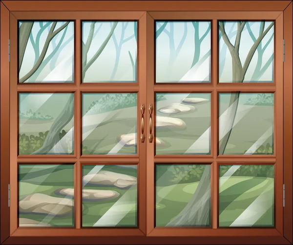 Una ventana cerrada con vista al bosque — Vector de stock