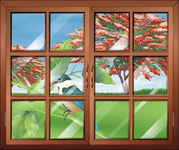 A closed window with a view of the bird outside — Stock Vector