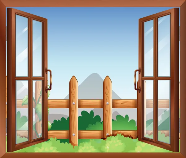 Una ventana con vista al patio trasero — Vector de stock