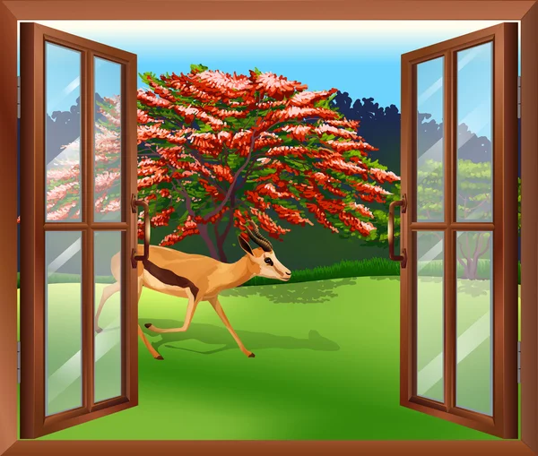A window with a view of the deer outside — Stock Vector