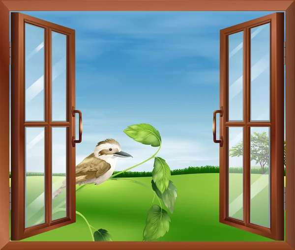 A window with a view of the bird outside — Stock Vector