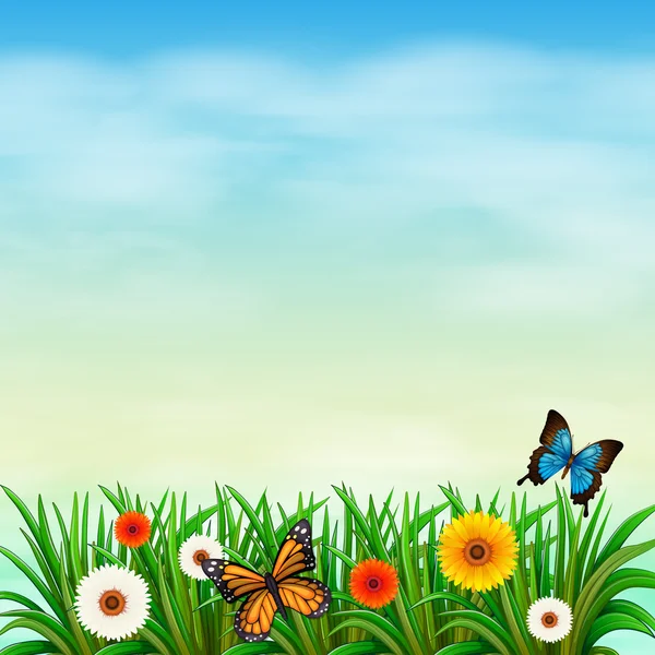 Ein Blumengarten mit Schmetterlingen — Stockvektor
