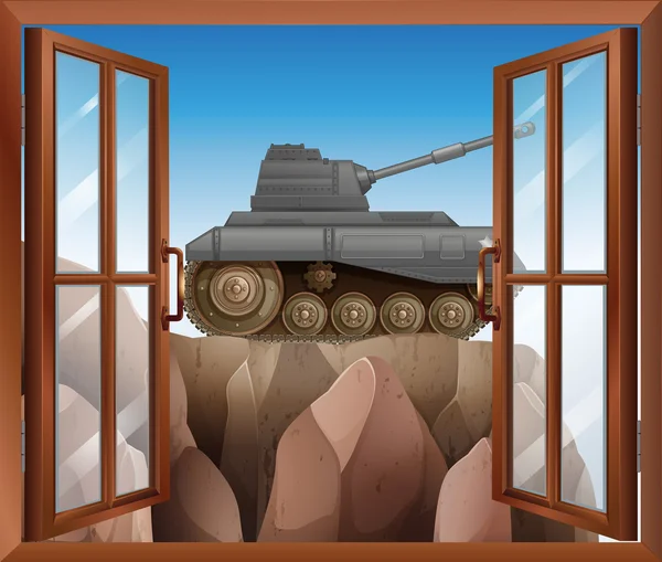 An open window with a view of the armoured tank — Stock Vector