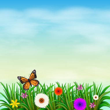 A garden with fresh flowers and a butterfly clipart