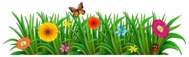 A garden with fresh blooming flowers, a butterfly and a ladybug clipart