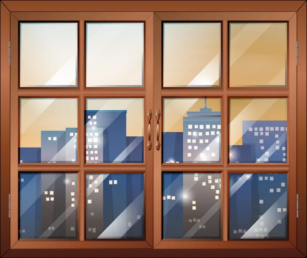 A closed window overlooking the city buildings — Stock Vector