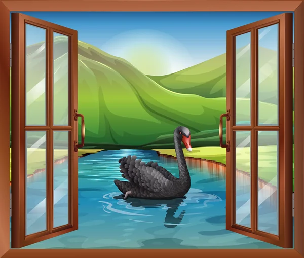 A window near the river with a goose — Stock Vector