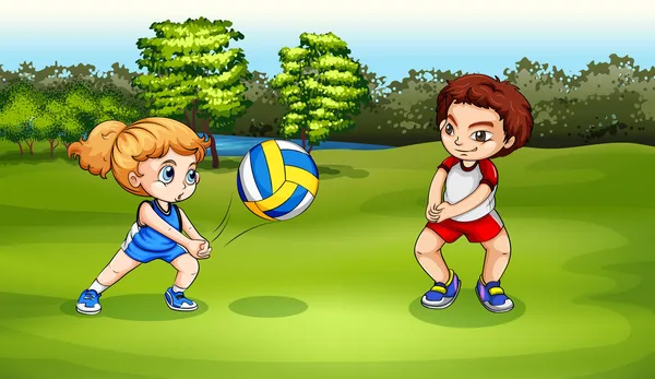 A girl and a boy playing volleyball — Stock Vector