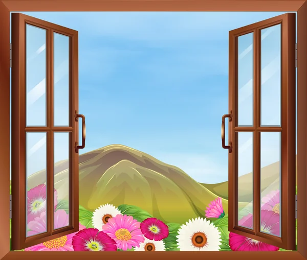 Een geopend venster met bloemen buiten — Stockvector