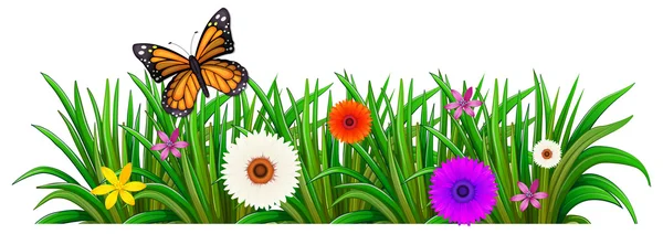 Um jardim com flores florescentes e uma borboleta — Vetor de Stock