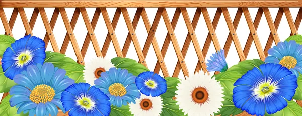 Une clôture avec des fleurs bleues et blanches — Image vectorielle