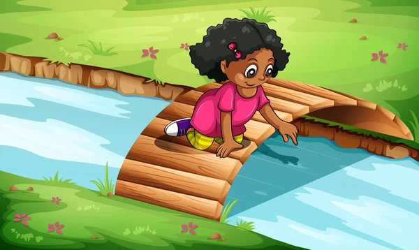 A young girl playing at the wooden bridge — Stock Vector