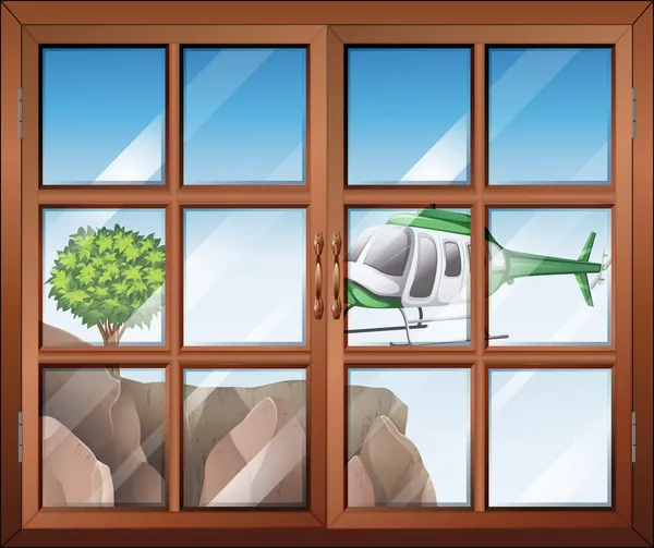 A closed window with a view of the helicopter going to the cliff — Stock Vector