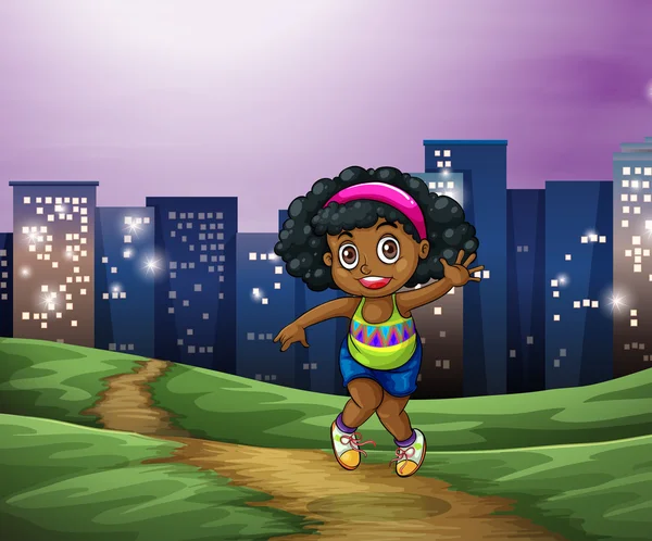 Una joven negra cruzando los altos edificios de la ciudad — Vector de stock