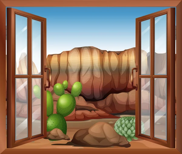 An open window with a view of the desert and the cactus plants — Stock Vector