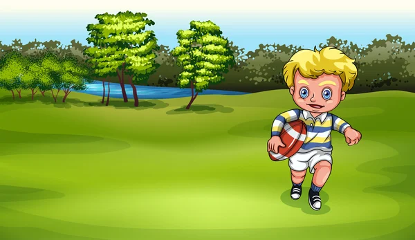 Un niño jugando rugby — Vector de stock