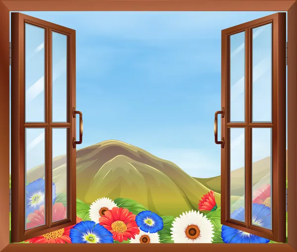 Una ventana abierta con flores afuera — Vector de stock