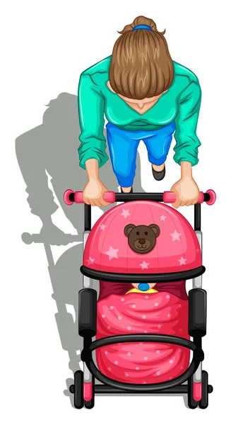 Een topview van een moeder die duwen een kinderwagen met een baby — Stockvector