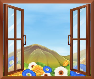 bir pencere dışında taze çiçekler ile