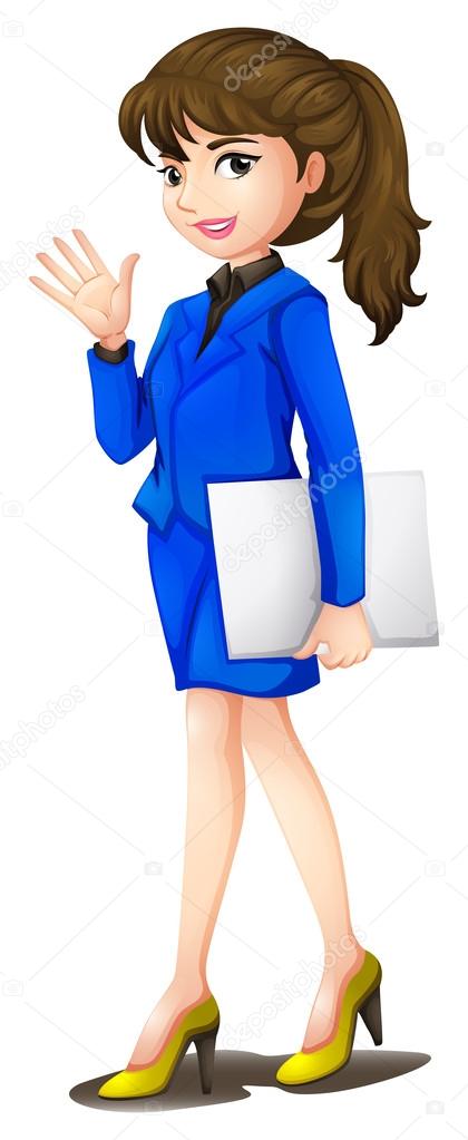 An office secretary wearing a blue uniform