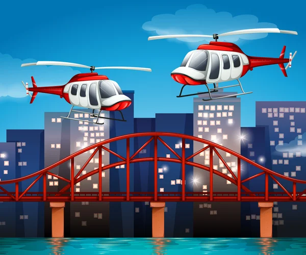 Helicopters near the bridge — Stock Vector