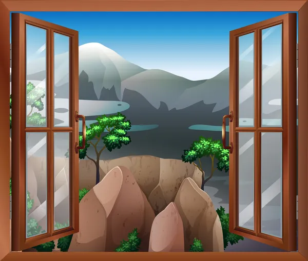 Een open raam met uitzicht op de klif — Stockvector