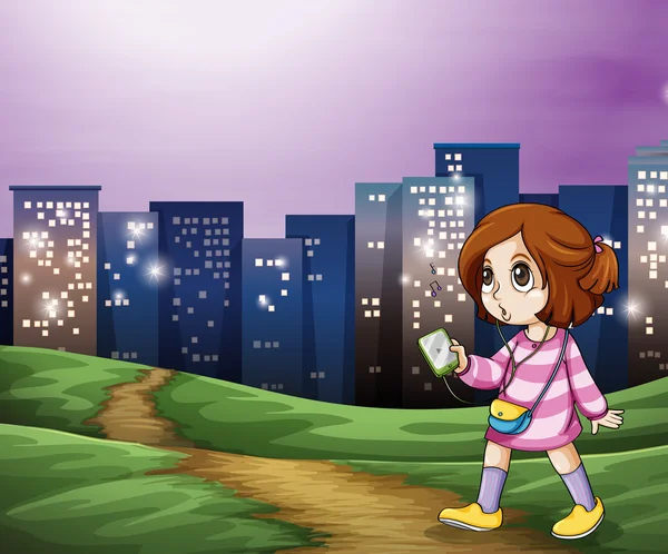 Молода дівчина прогулюється по високих будівлях — стоковий вектор