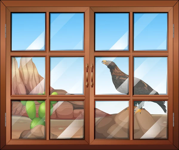 A closed window with a view of the bird at the desert — Stock Vector