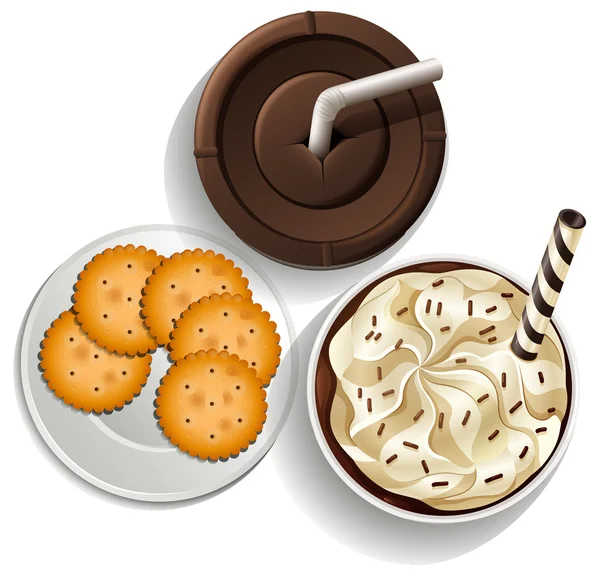 Boissons dans des tasses jetables et une assiette avec des biscuits — Image vectorielle