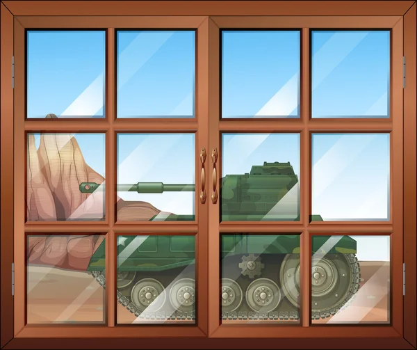 A closed window with a view of the military tanker outdoor — Stock Vector