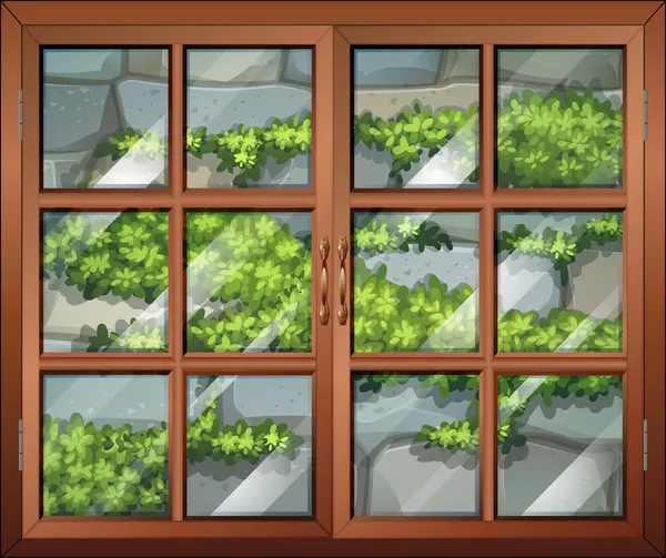 Bitkiler ve stonewall manzaralı kapalı bir pencere — Stok Vektör