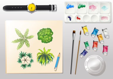 A topview of the materials for painting and a watch clipart