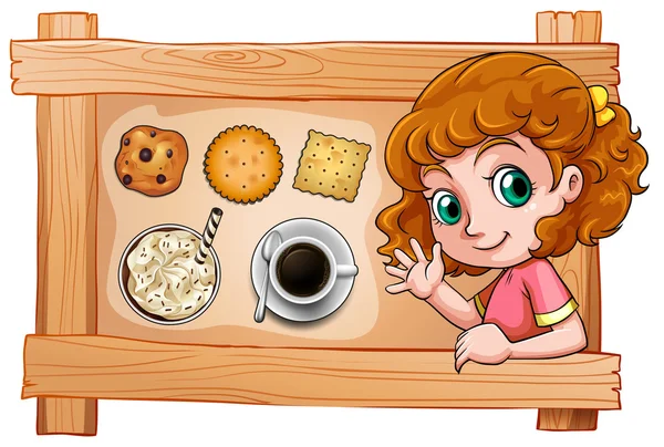 A frame with a young girl with drinks and biscuits