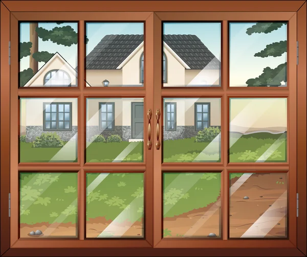 A closed window with a view of the house outside — Stock Vector