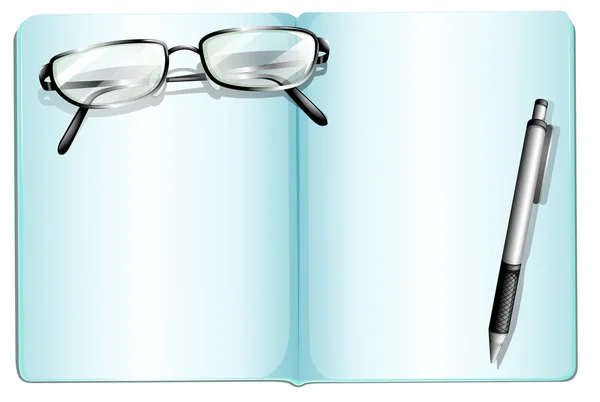 Egy üres Jegyzetfüzet-val egy szemüveg és egy tollat — Stock Vector