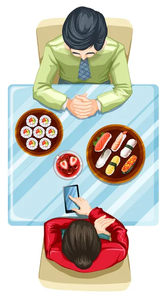 A topview of two people eating sushi — Stock Vector