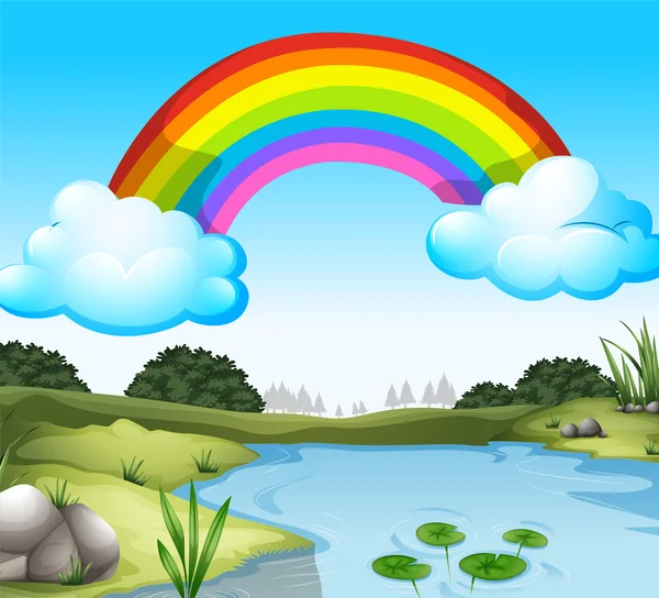 A beautiful scenery with a rainbow in the sky — Stock Vector