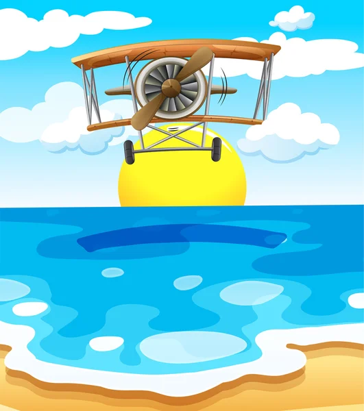 Un avión volando sobre el mar — Vector de stock