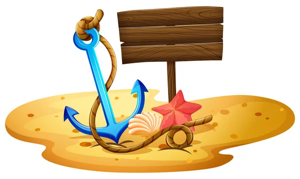 Bir çapa ve boş tabela ile bir plaj — Stok Vektör