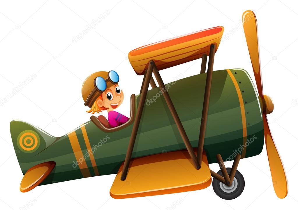 A young man riding on a vintage plane