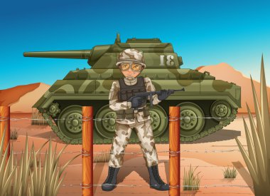 A soldier in front of the military tank