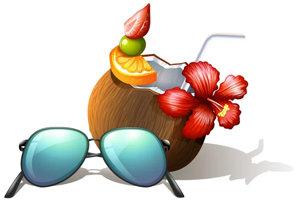 A refreshing drink and a sunglasses for a beach outing — Stock Vector