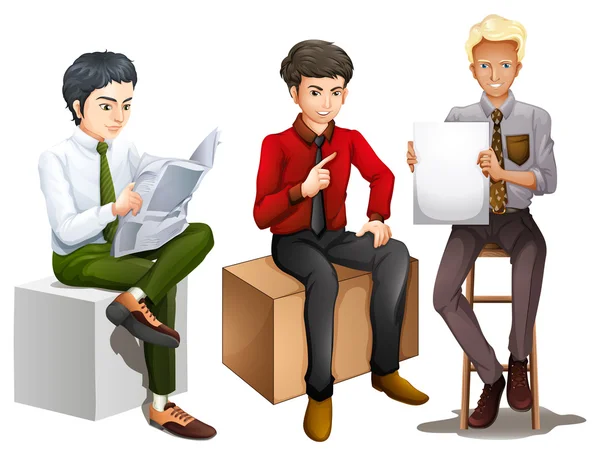 Three men sitting down while reading, talking and holding an emp — Stock Vector